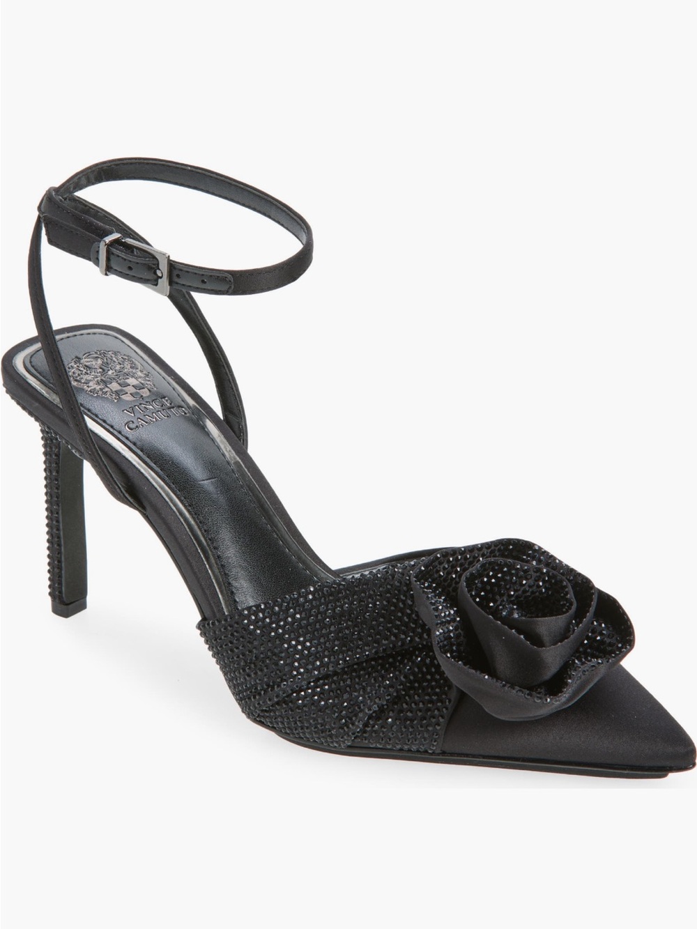 Vince Camuto Black Satin Pointed-Toe Ankle-Strap Heel with Rosette Accent